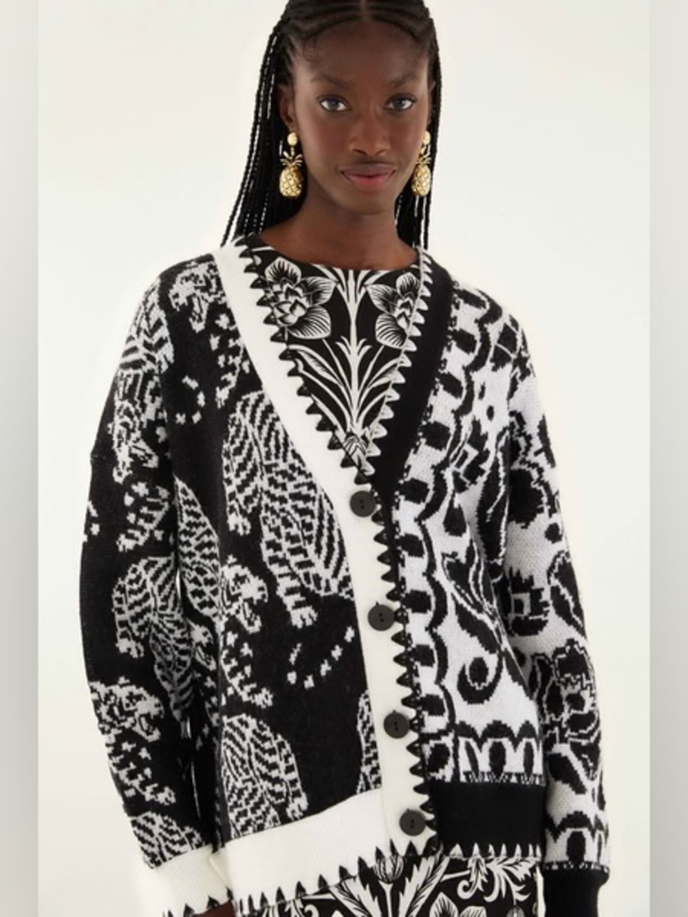 Farm Rio Black & White Mixed Striped Tigers Buttoned Knit Cardigan NWT